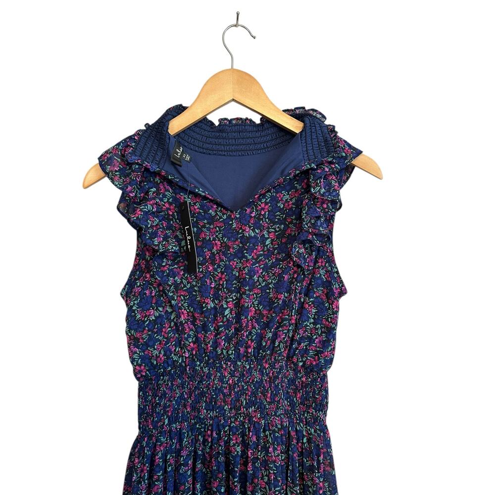 Lulus Evalina Navy Blue Floral Print Mock Neck Sleeveless Ruffle Midi Dress XS - Picture 13 of 16